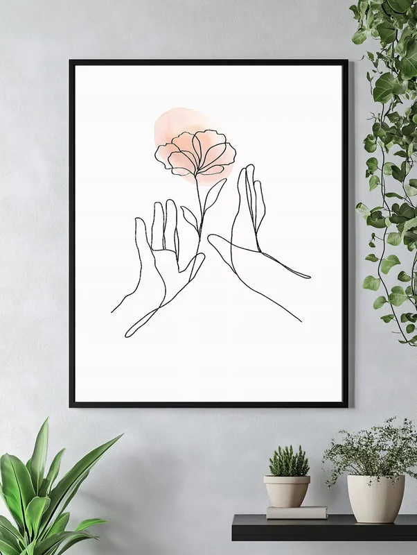 Постер «Силуэт рук и цветка» над диваном в гостиной