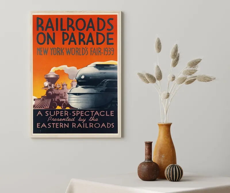 Постер «Поезда - Железные дороги на параде» на стене в офисе