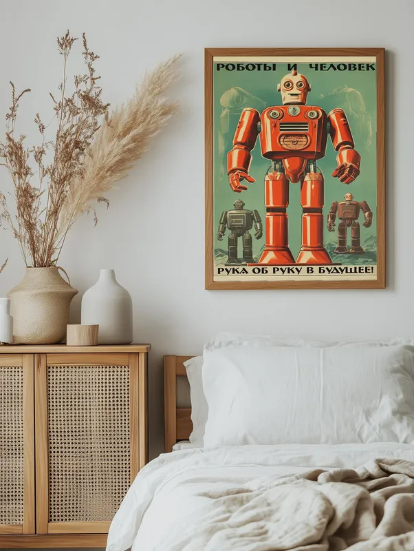 Постер «Роботы и человек» на стене в офисе