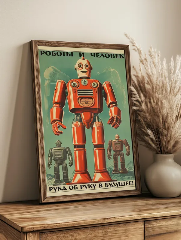 Постер «Роботы и человек» над диваном в гостиной