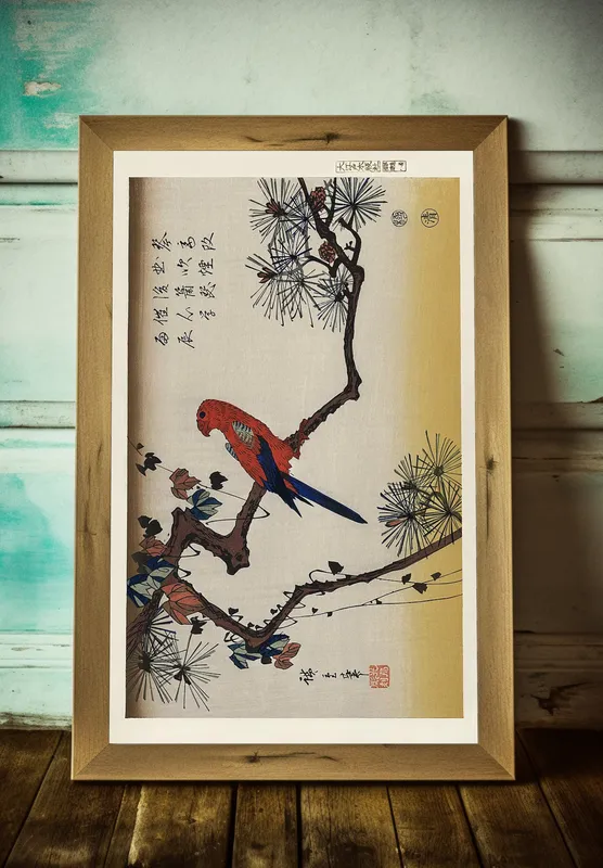 Постер «Попугай Ара на ветке сосны» на стене в офисе