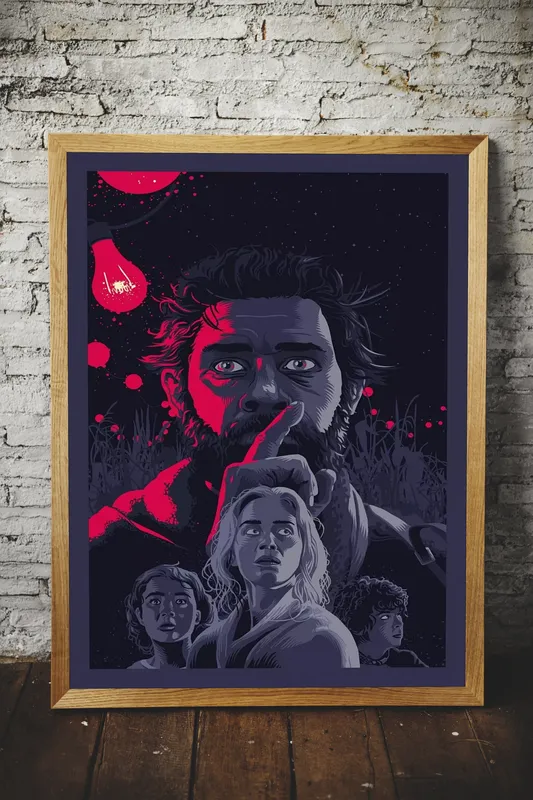 Постер «Тихое место» над диваном в гостиной