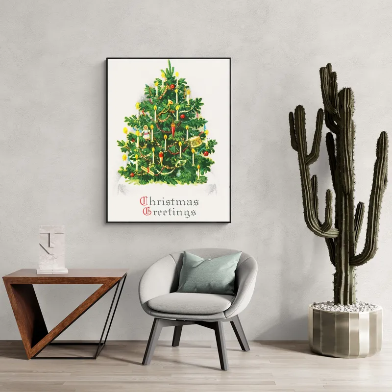 Постер «Новый Год - Елка в свечах» над диваном в гостиной