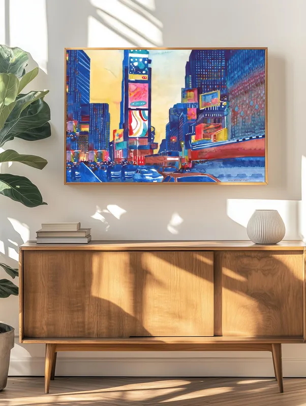 Постер «Городские высотки» над диваном в гостиной