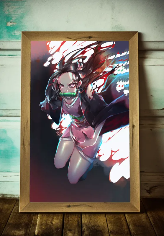 Постер «Клинок, рассекающий демонов. Демон Назуко» над диваном в гостиной