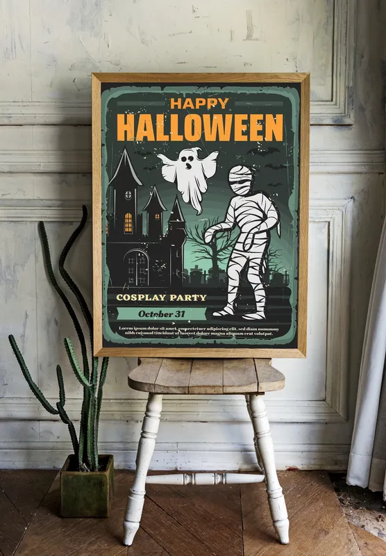 Постер «Вечеринка в Хэллоуин» над диваном в гостиной