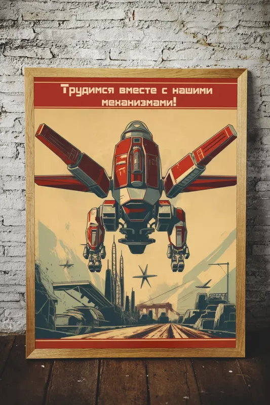 Постер «Трудимся вместе с нашими механизмами» на стене в офисе