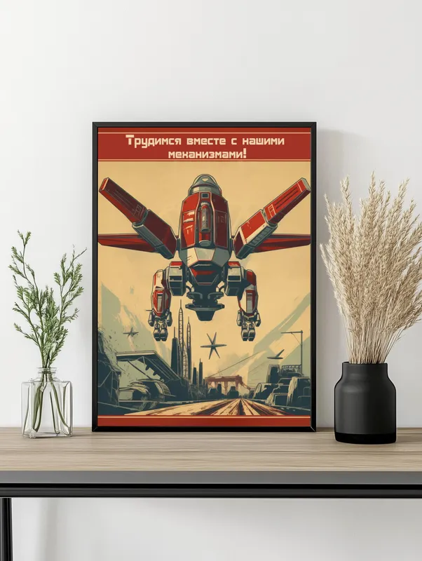 Постер «Трудимся вместе с нашими механизмами» над диваном в гостиной