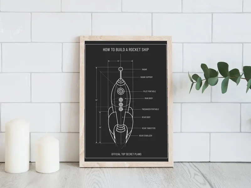 Постер «Строение Ракеты» над диваном в гостиной