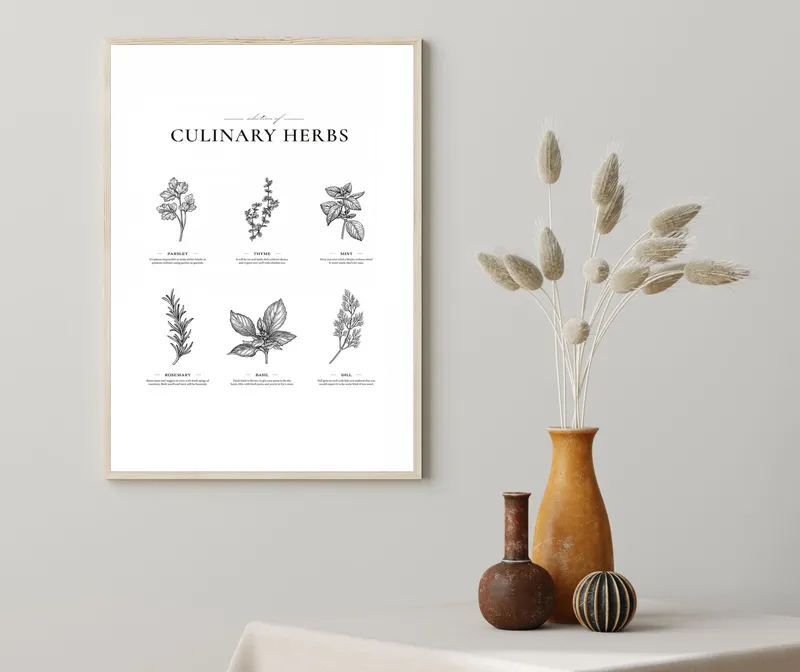 Постер «Гайд по Кулинарным Травам» над диваном в гостиной