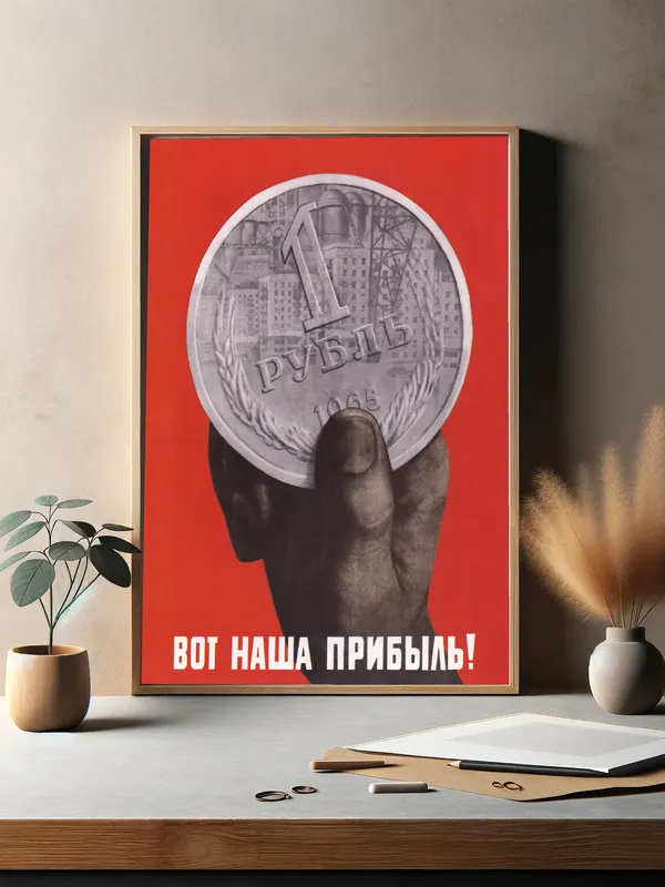 Постер «Советский рубль» над диваном в гостиной