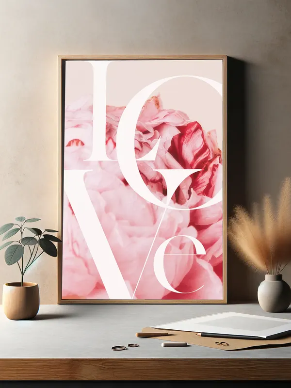 Постер «Розовые цветы с надписью love» на стене в офисе