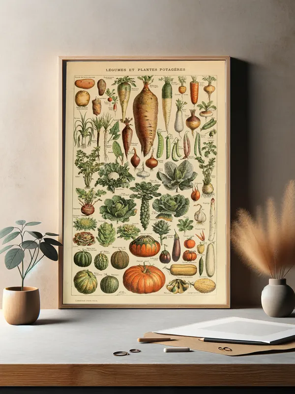 Постер «Овощные культуры» над диваном в гостиной