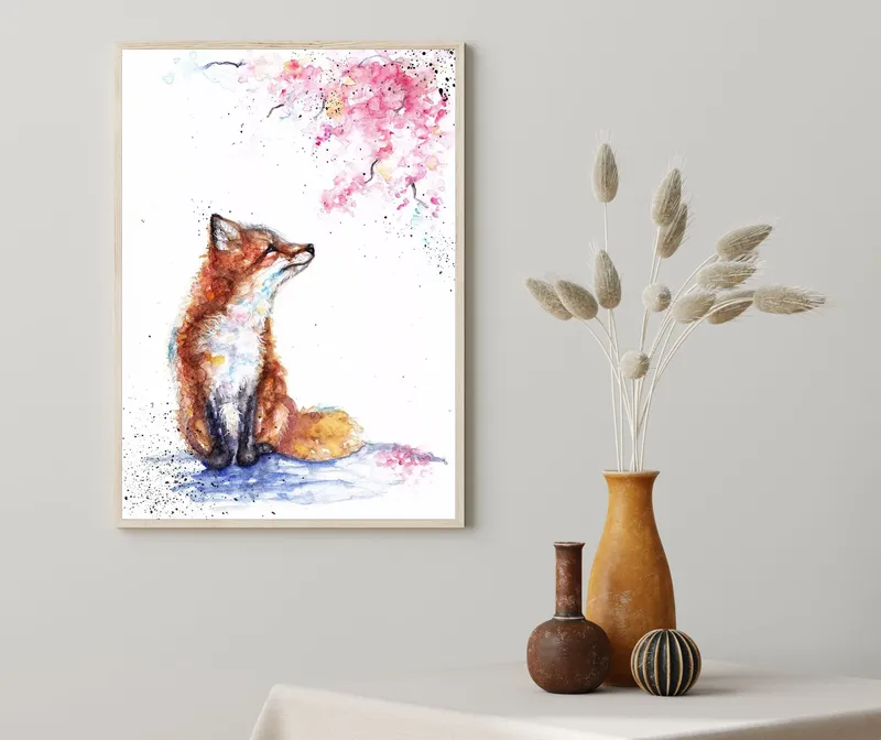 Постер «Лисенок и цветок» на стене в офисе