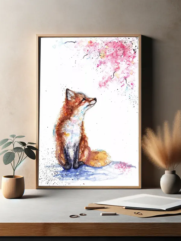 Постер «Лисенок и цветок» над диваном в гостиной