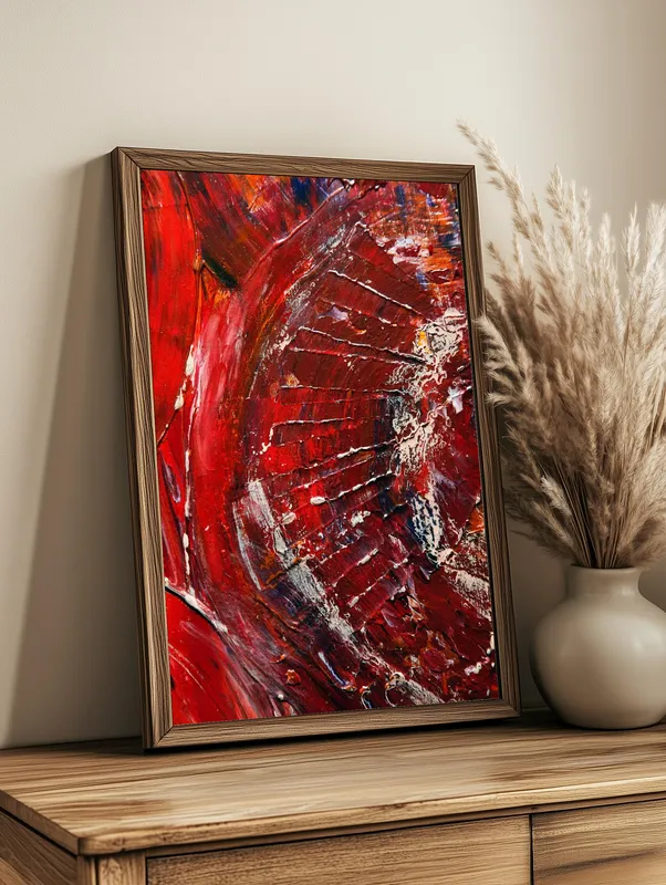 Постер «Красно-синие краски» над диваном в гостиной