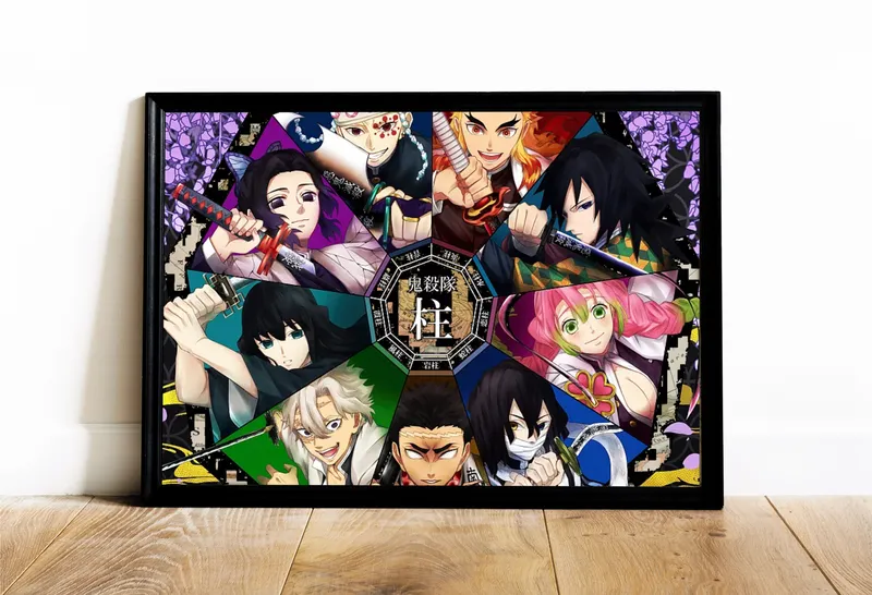 Постер «Клинок, рассекающий демонов. Персонажи» над диваном в гостиной