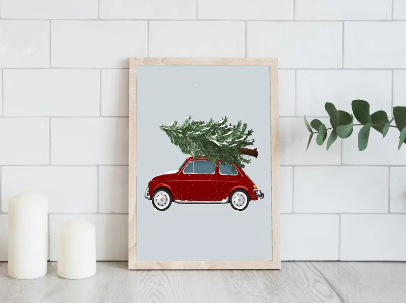 Постер «Зима - Машина с елкой» на стене в офисе
