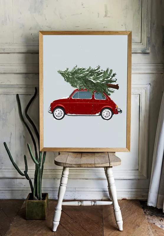Постер «Зима - Машина с елкой» над диваном в гостиной