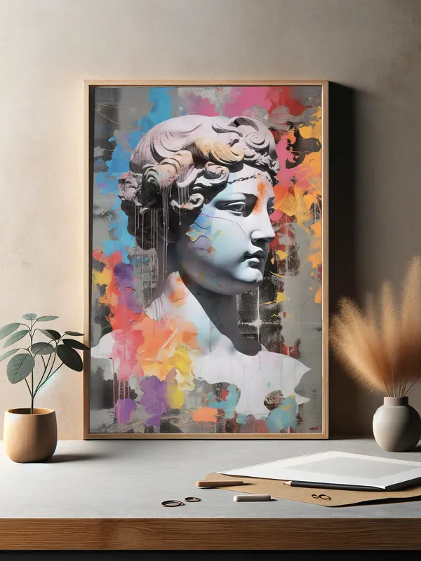 Постер «Античная скульптура Венеры» над диваном в гостиной