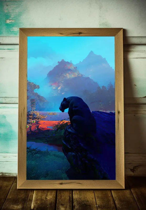 Постер «Пантера и горы» над диваном в гостиной