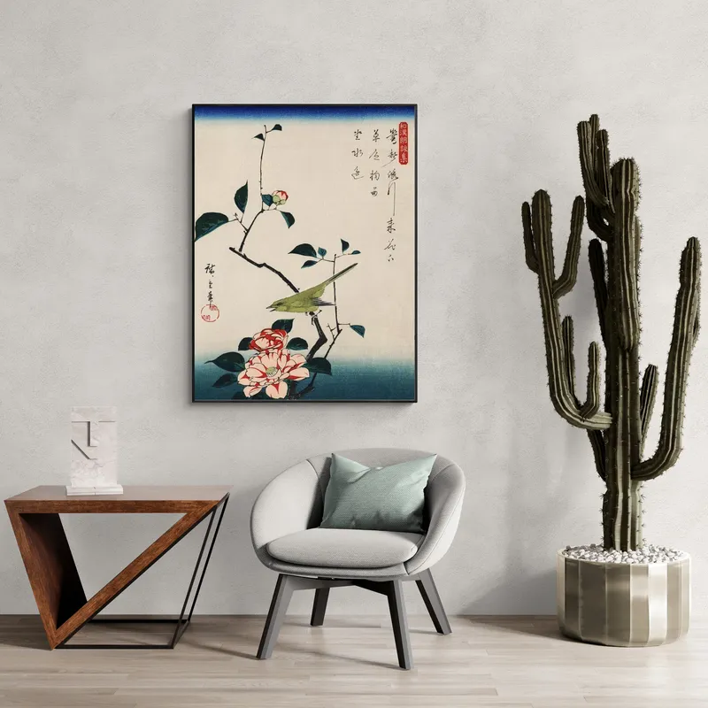 Постер «Весна - Японский цвет» над диваном в гостиной