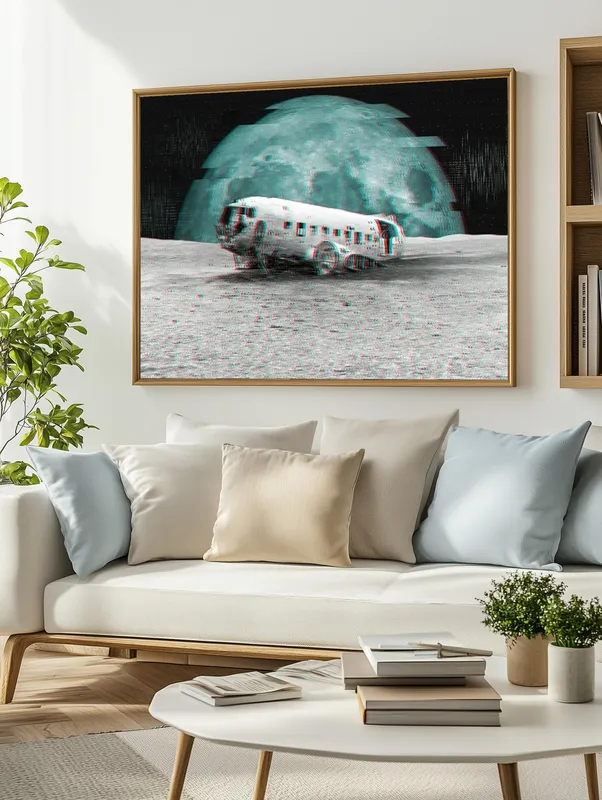 Постер «Крушение самолета в стиле глитч» на стене в офисе