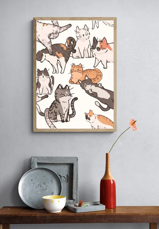 Постер «Кошки - Многообразие котиков» над диваном в гостиной