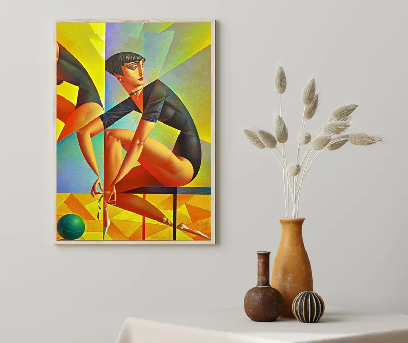 Постер «Геометрия - Изящная девушка» над диваном в гостиной