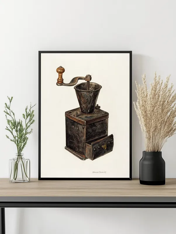 Постер «Старинная кофейная мельница» на стене в офисе