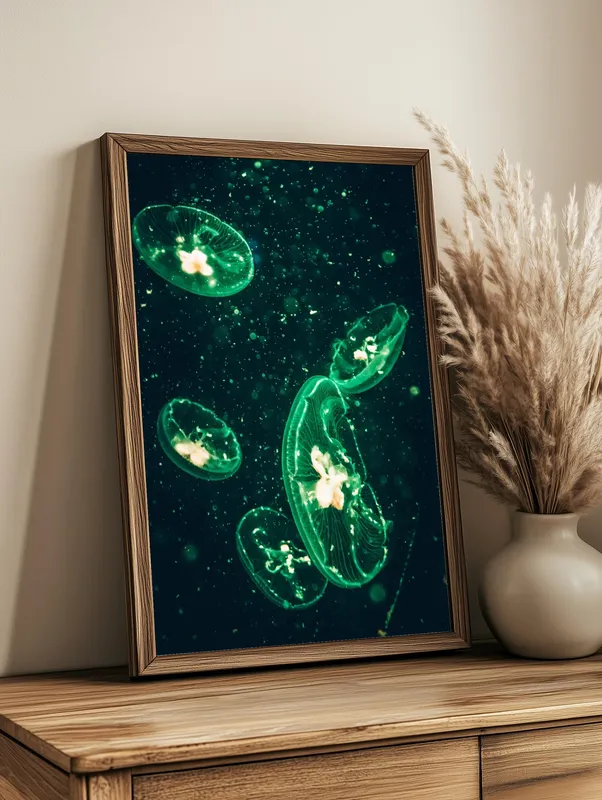 Постер «Медузы в зеленом цвете» на стене в офисе