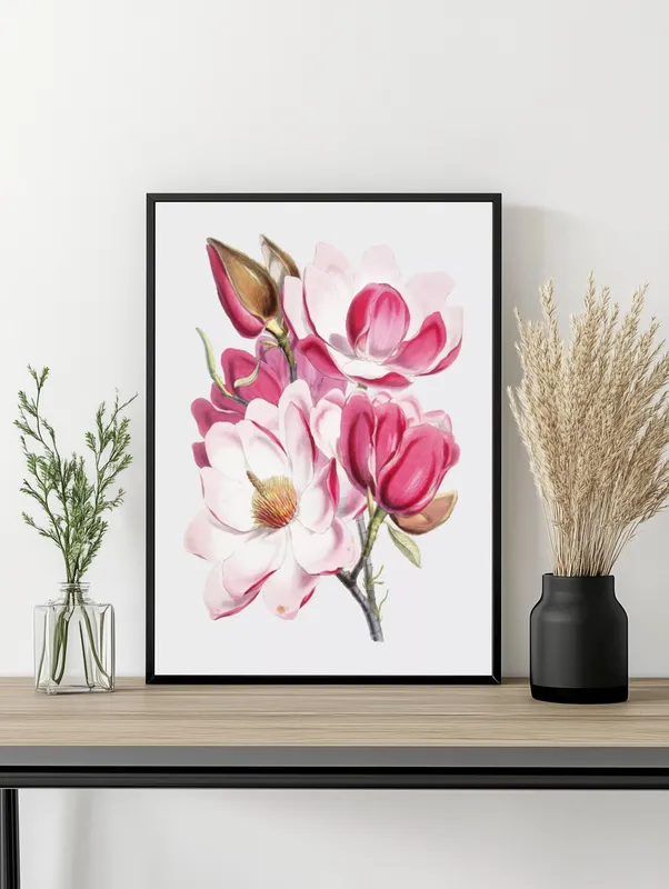 Постер «Весна - Пышный бутон кустарника» над диваном в гостиной