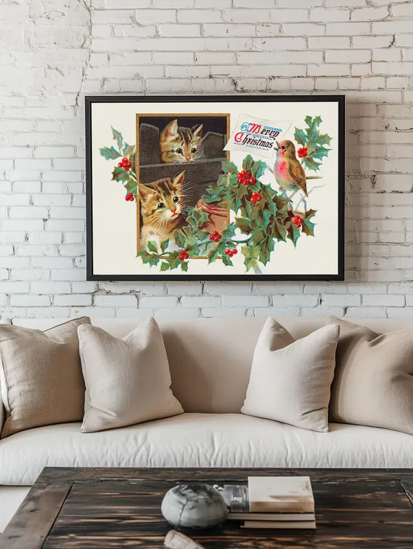 Постер «Котята на рождественской открытке» на стене в офисе