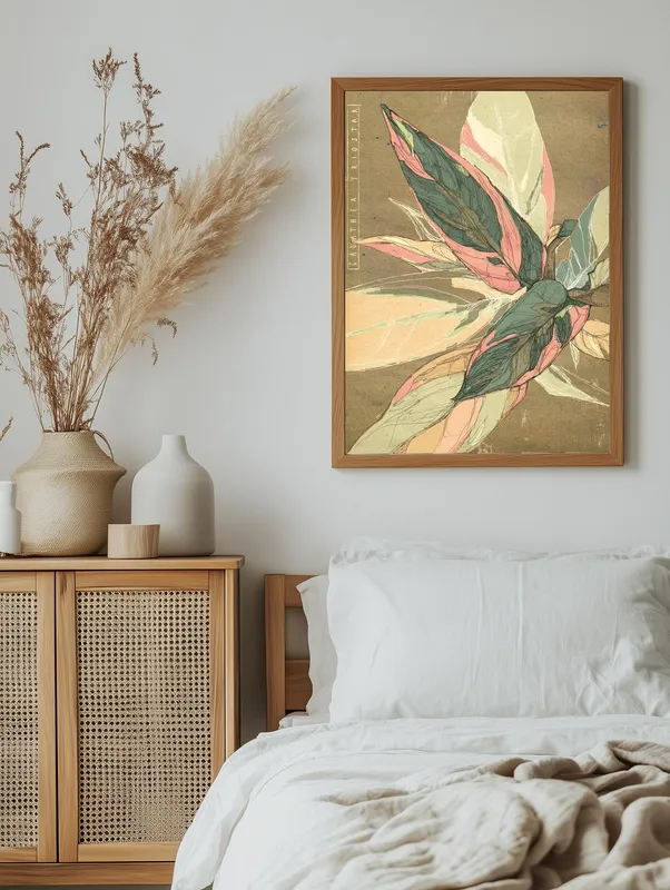 Постер «Листы Калатеи» над диваном в гостиной