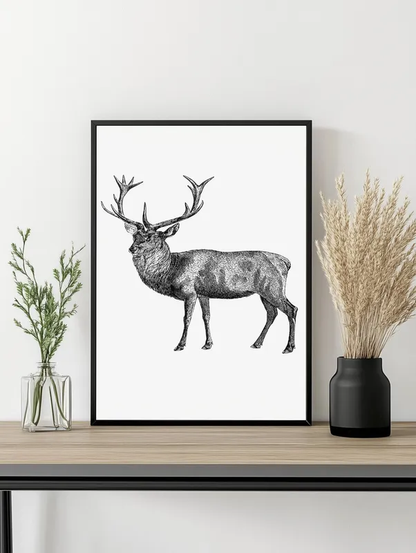 Постер «Олени - Благородный олень» над диваном в гостиной