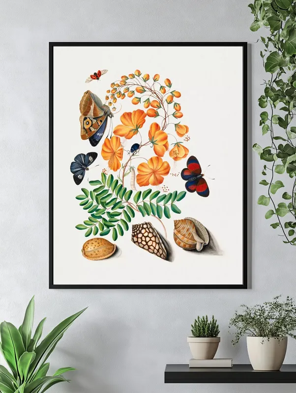 Постер «Бабочки - Бабочки с яркими цветами и ракушками» над диваном в гостиной