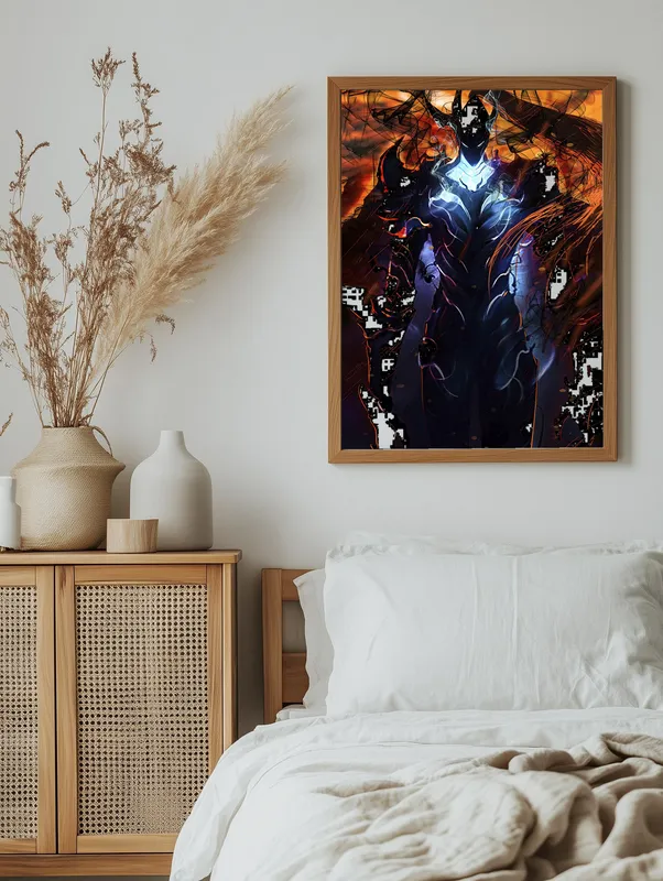 Постер «Поднятие уровня в одиночку. Игрис, Теневой Солдат» над диваном в гостиной