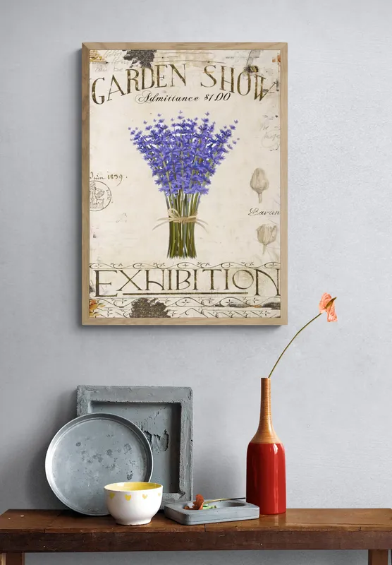 Постер «Цветы и растения - Букет лаванды» над диваном в гостиной