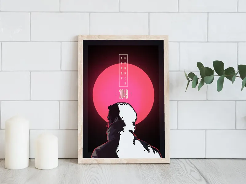 Постер «Бегущий по лезвию 2049 - Неоновое будущее» над диваном в гостиной