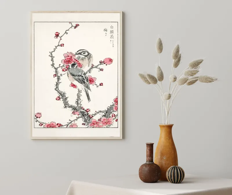 Постер «Нума Кашу - Белошапочная овсянка и сливовое дерево» на стене в офисе