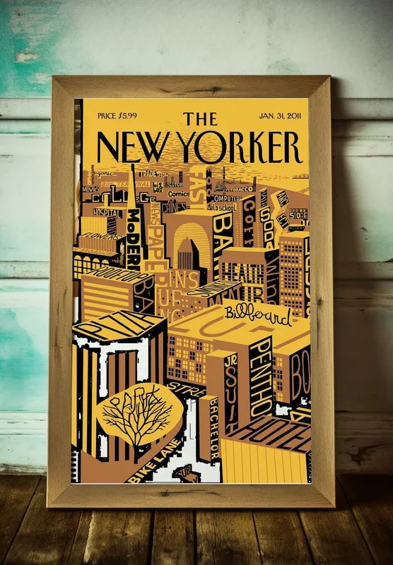 Постер «Обложки New Yorker - Надписи на домах» на стене в офисе