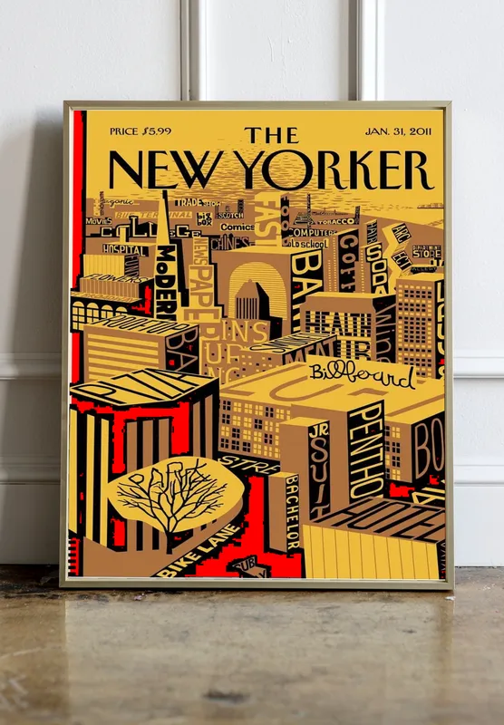 Постер «Обложки New Yorker - Надписи на домах» над диваном в гостиной