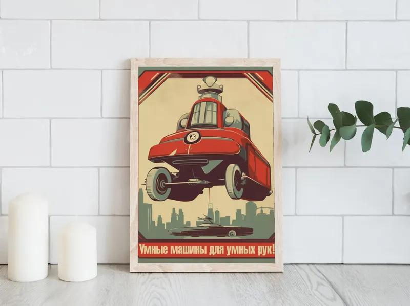 Постер «Умные машины для умных рук» над диваном в гостиной