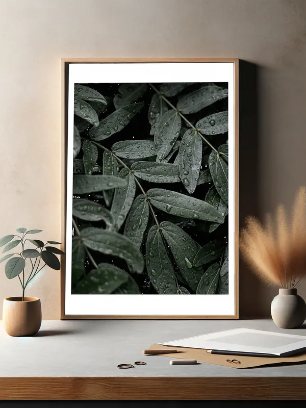Постер «Макро листья с капельками дождя» на стене в офисе
