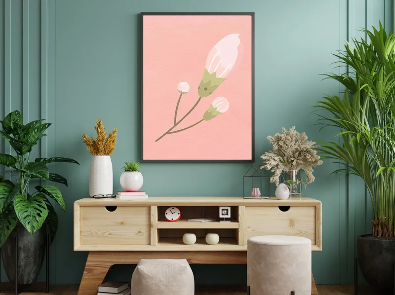 Постер «Весна - Цветение весной» над диваном в гостиной