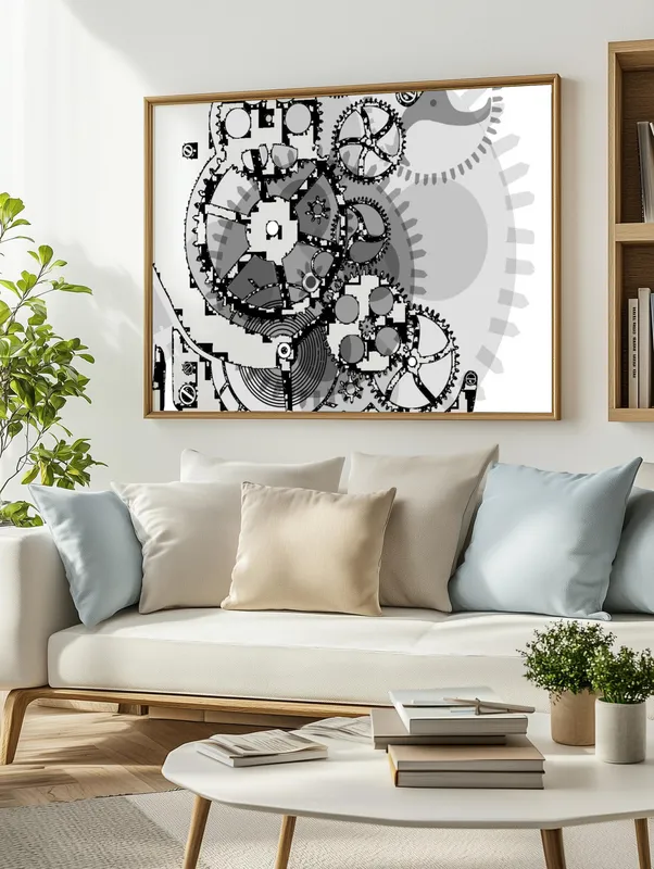 Постер «Часовой механизм» над диваном в гостиной