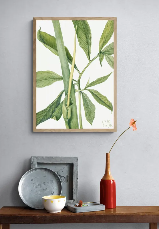 Постер «Листья - Зеленый дракон» над диваном в гостиной