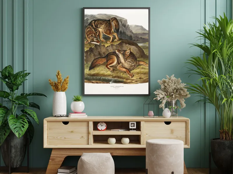 Постер «Волки - Два волка» над диваном в гостиной