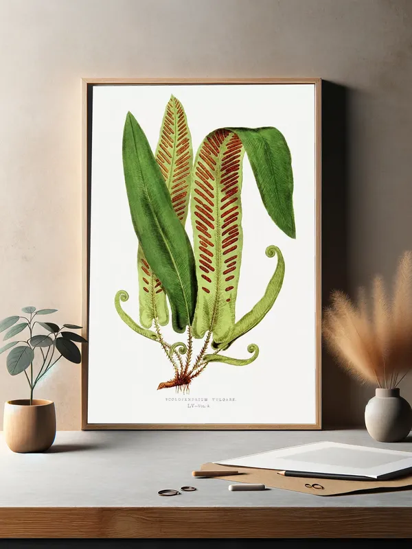 Постер «Листья - Асплениум обыкновенный» над диваном в гостиной