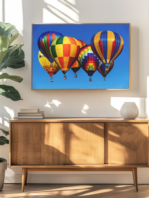 Постер «Волшебный полет шаров» над диваном в гостиной